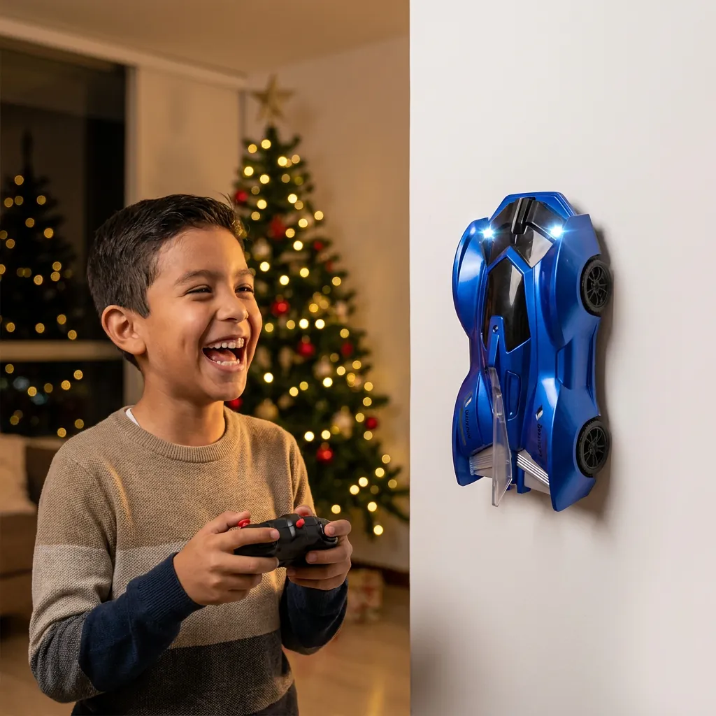 Niño manejando el carro que sube por la pared junto al árbol de Navidad