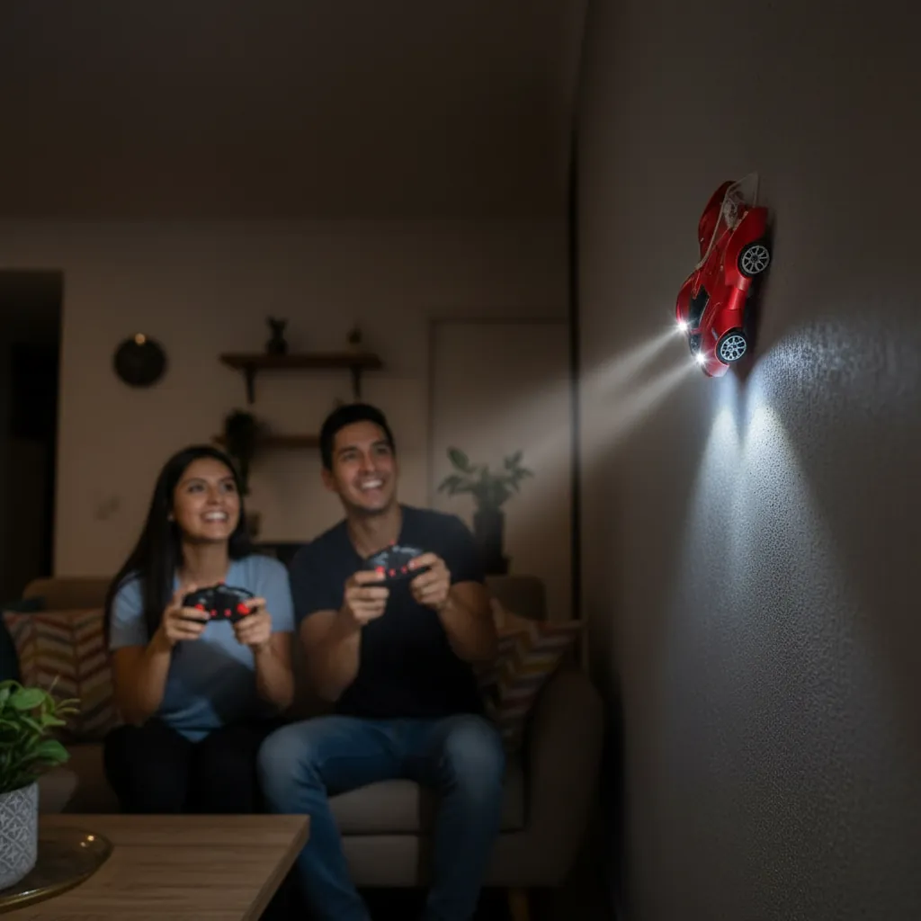 El carro con sus luces encendidas en la pared, de noche